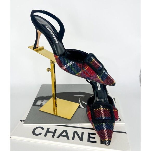 MANOLO BLAHNIK Maysale Red & Green Plaid Slingback Stiletto Sandals Size… - Picture 4 of 12